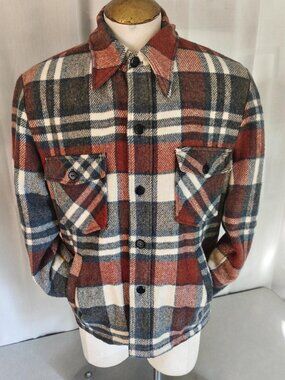 Sears 70's Wool Plaid CPO Shirt Jacket/ Pile Lined Button Closure/ Size 44